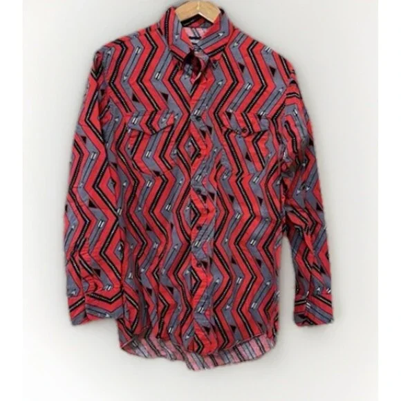 90s Wrangler Western Arrow Button Down Shirt 16-34 X Long Tails Cowboy Cut Vtg - Picture 1 of 6